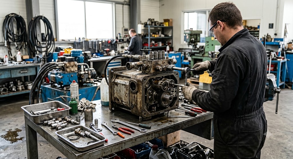 Técnico reparando un componente hidráulico